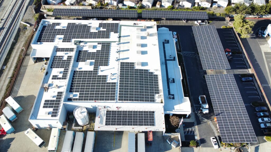 A view from above of the solar project at Prudential’s cleanroom laundry plant in Milpitas, California.